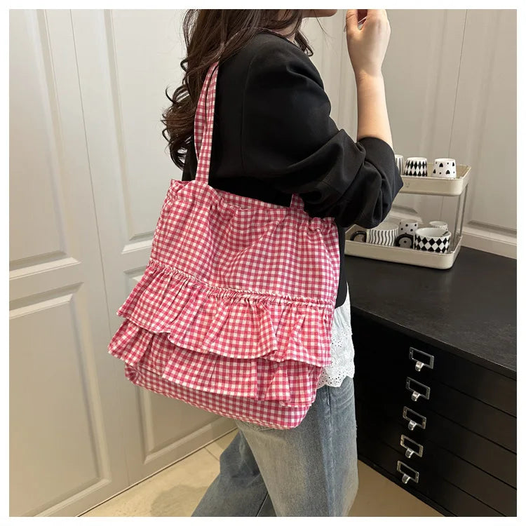 Cute Plaid Cotton Tote Bag Large Capaci Lace Trim Women's Summer 2026 Simple Lady Handbag Soft Shoulder Bags Bolsa Feminina