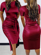 Classic Bodycon Lace-up Summer Dress Solid Hip Wrap Buttons Midi Short Dressses Elegant Women's Dresses 2025 Woman Clothing