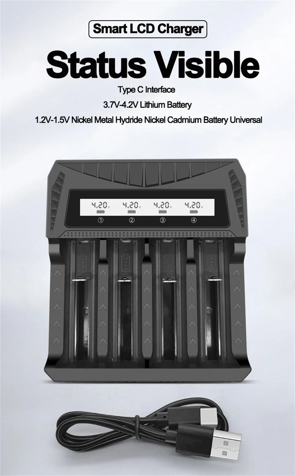 Intelligent LCD Battery USB Charger - 1/2/4 Slots for 18650 4.2V Li-ion & 1.2V Ni-MH AA/AAA Rechargeable Batteries