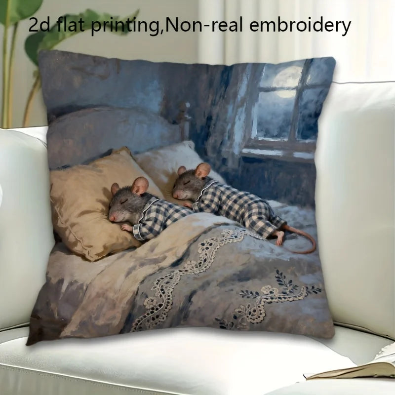 Cute Sleeping Mice Pillowcase, Plaid Pajamas Rat Cushion Cover, Funny Animal Art Decor for Living Room Sofa