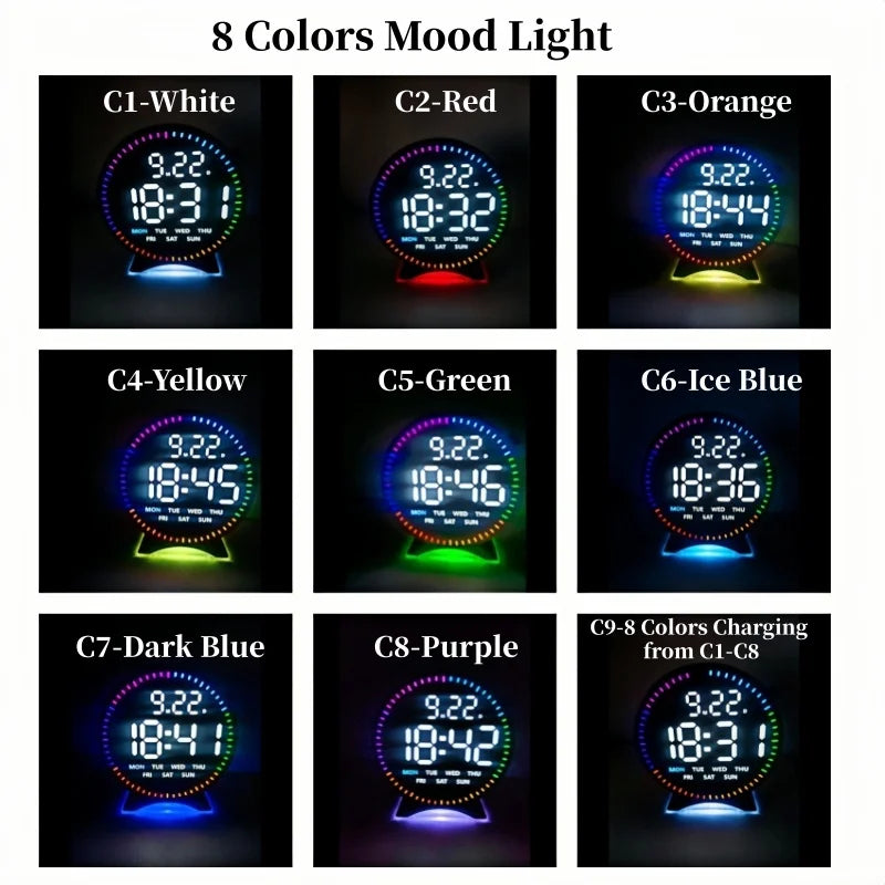 Digital Alarm Clock Week Date Second Hand Display Mood Light Dual Alarm Auto Dimmable Snooze Table Clock 12/24H DST LED Clock