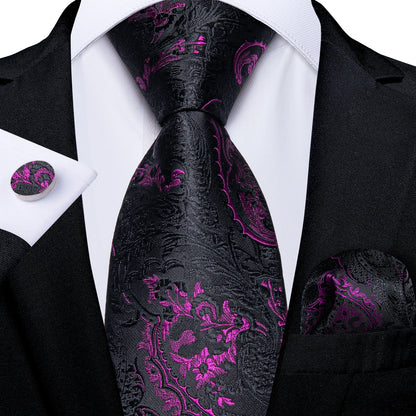 Black And Silver Paisley Floral Men's Ties Gray Blue Pink Wedding Accessories Neck Tie Set Handkerchief Cufflinks Gift For Men