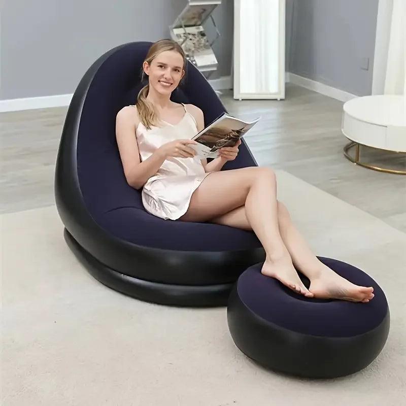 2Pcs Lazy Sofa Inflatable Chair Folding Recliner (Sofa + Footrest) Outdoor Sofa Bed with Footrest Indoor and Outdoor Portable Folding Air Mattress Lunch Break Leisure Chair Set
