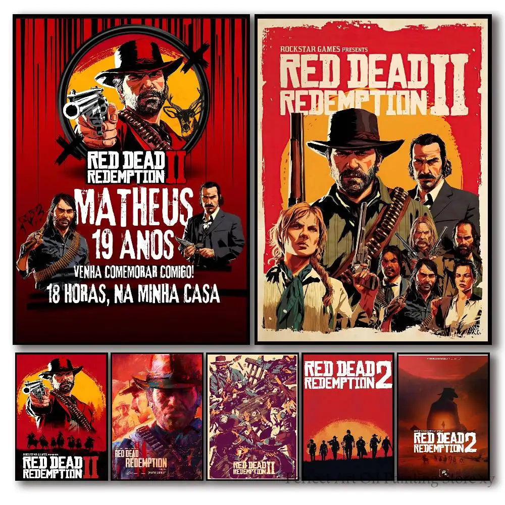 Red Dead Redemption 2 Game Poster Self-adhesive Art Room Entrance Restaurant Wall Decor Art Painting