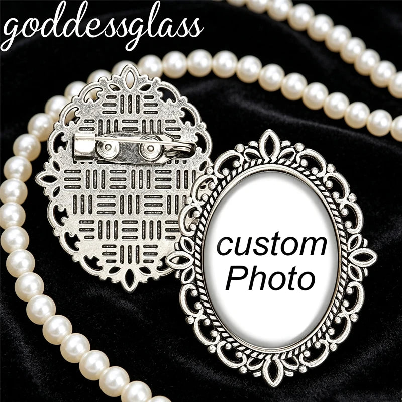 Personalize Custom Retro Oval Brooch Pin Photo Logo Silver plated/Bronze For Family Anniversary Collar 18x25mm Oval  safety Pins