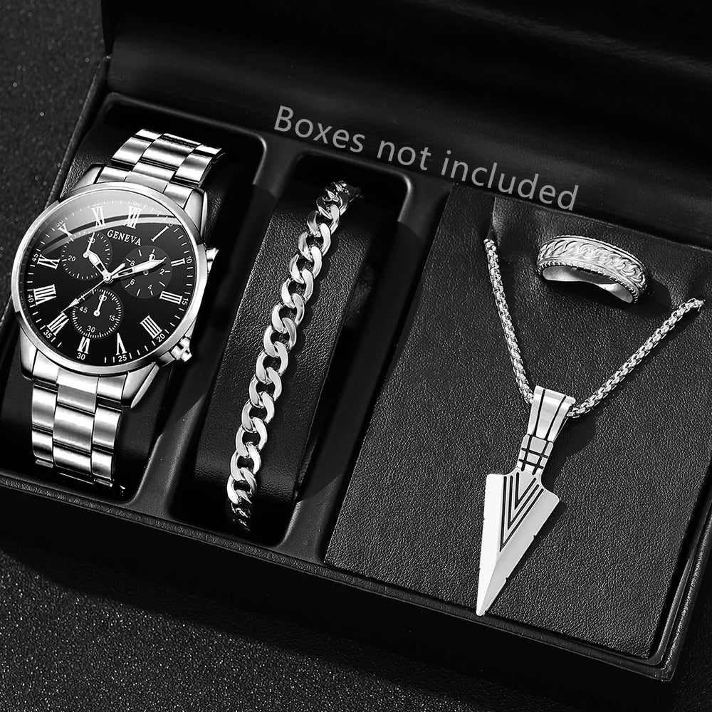 4PCS Black Men's Watch Set Business Trend Fashion Roman Digital Scale Dial Quartz Watch Bracelet Necklace Ring Set Perfect Gift