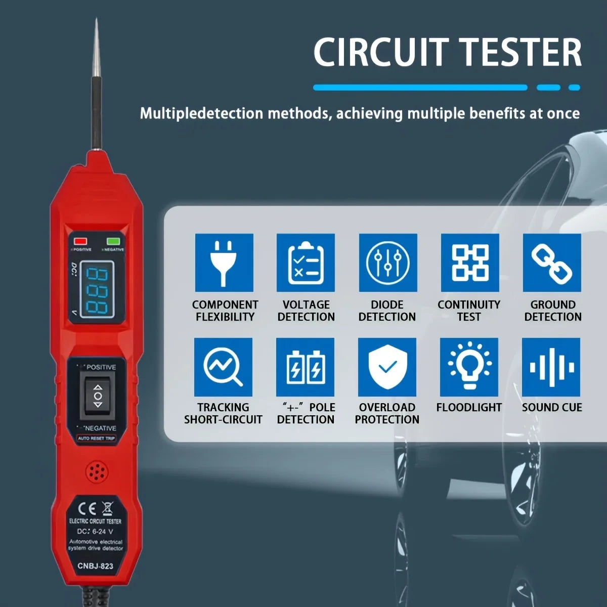Inteligentny tester obwodów samochodowych 823, z wyświetlaczem napięcia LED — zasilany przez USB, kompatybilny z pojazdami o napięciu 3,5–36 V DC
