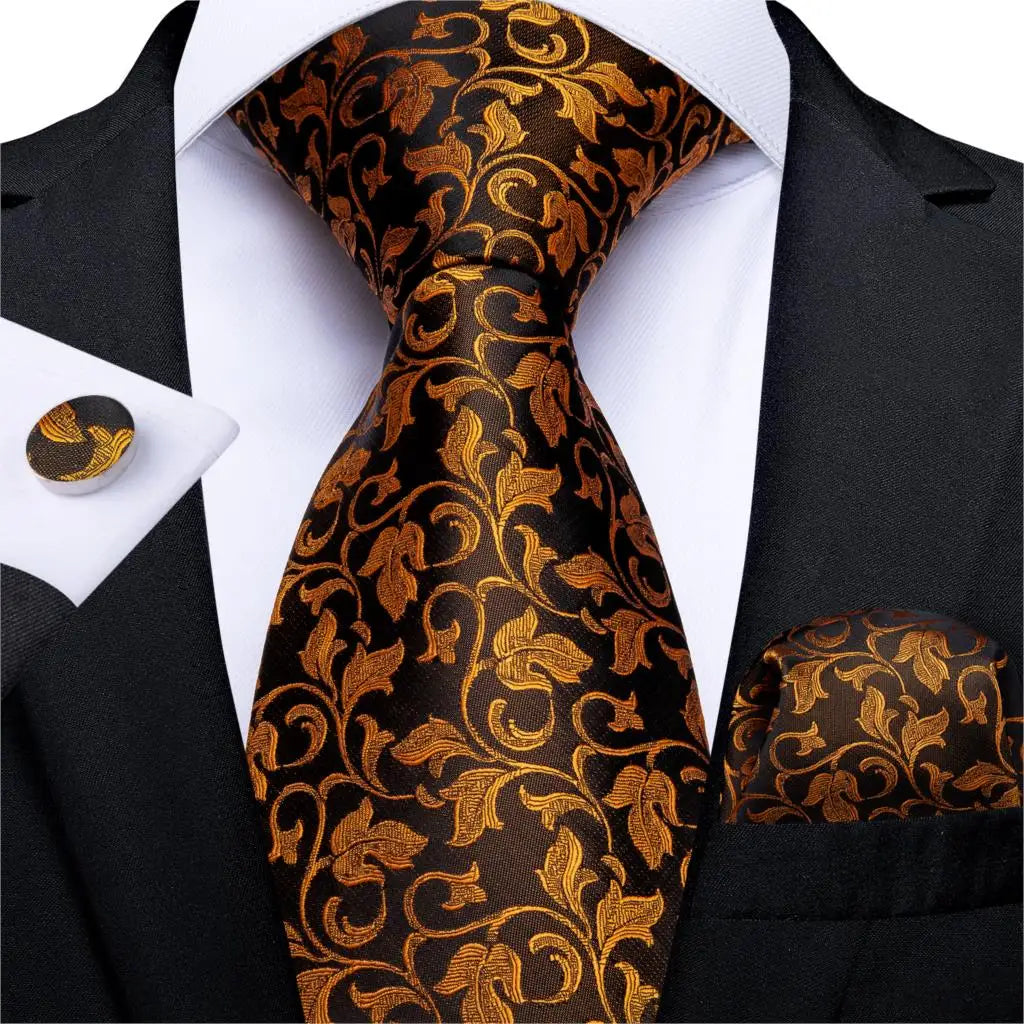 Fashion Men Tie Luxury Gold Black Dot Striped Paisley Silk Wedding Tie For Men DiBanGu Designer Hanky Cufflinks Gift Tie Set