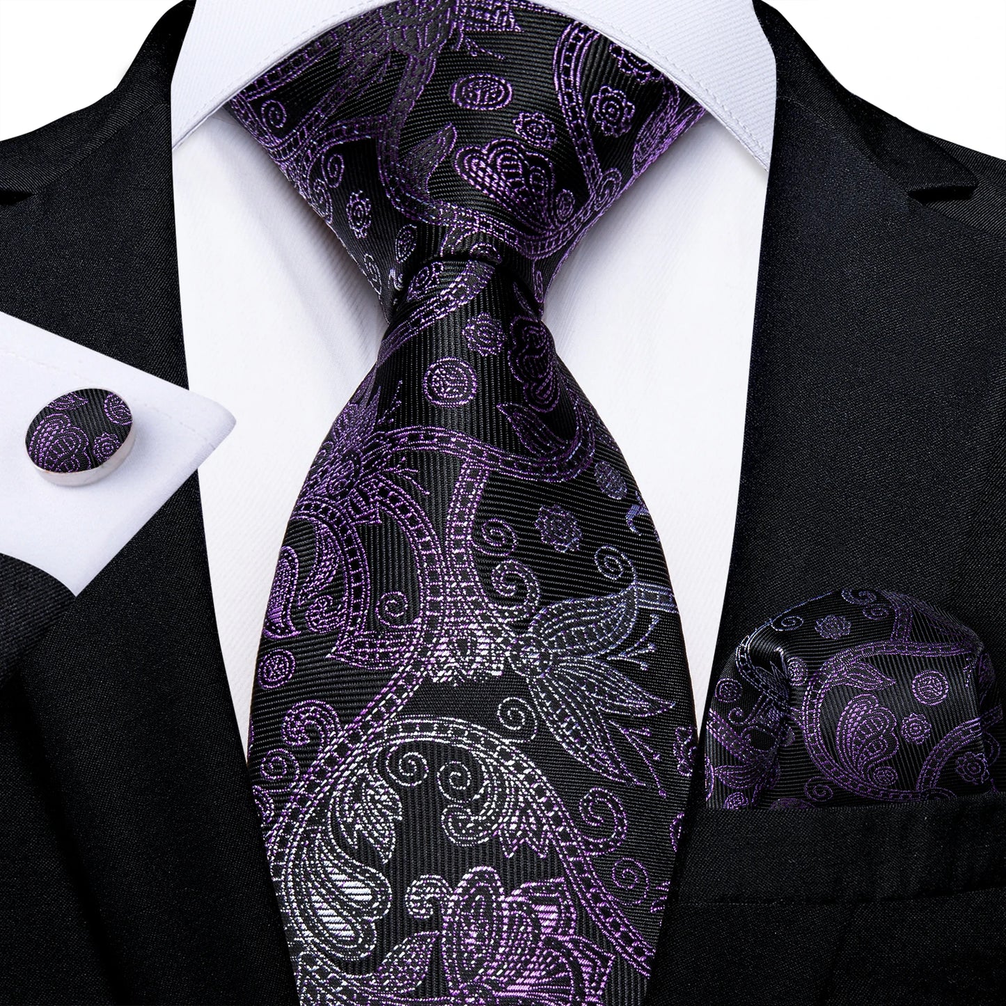 Black And Silver Paisley Floral Men's Ties Gray Blue Pink Wedding Accessories Neck Tie Set Handkerchief Cufflinks Gift For Men