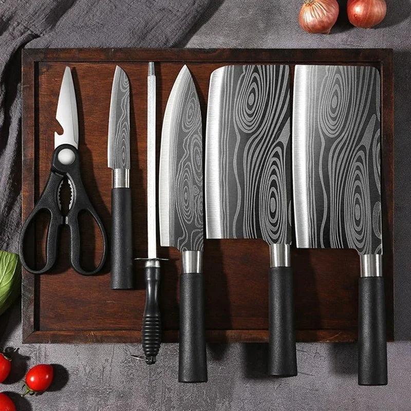 Laser Damascus Pattern Utility Kitchen Knives Set, Stainless Steel Sharp Slicing Chef Knife, Scissors & Sharpening Rod Cooking T