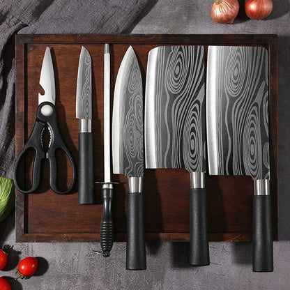 Laser Damascus Pattern Utility Kitchen Knives Set, Stainless Steel Sharp Slicing Chef Knife, Scissors & Sharpening Rod Cooking T