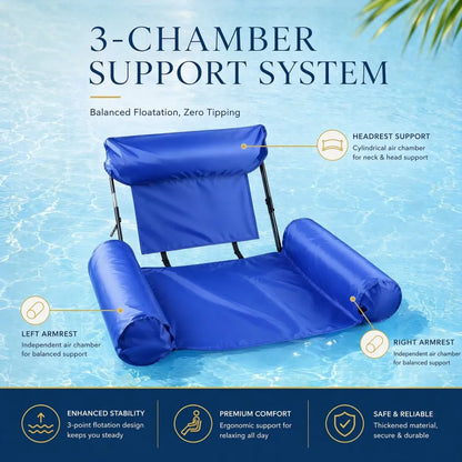 Foldable Inflatable Water Hammock Floating Chair on Water with Backrest Armrests for Adult Pool Lounging Sunbathing Relax