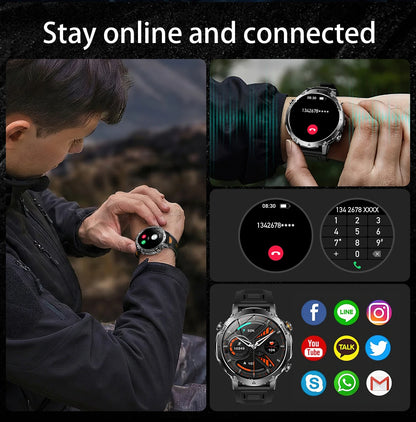 Smartwatch LIGE 2026 wojskowy, bateria 1400mAh, dla mężczyzn, latarka zewnętrzna, wodoodporność IP68, pulsometr, połączenia Bluetooth, bransoletka sportowa