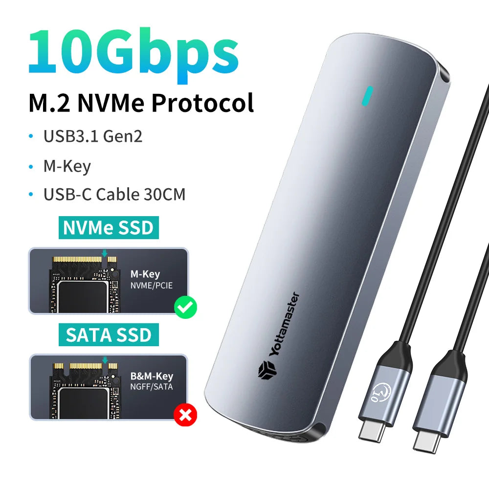 Yottamaster SATA M.2 NVMe SSD Enclosure Dual Portocol NVMe to USB Adapter USB 3.1 Gen2 USB C External Case Box Aluminum alloy