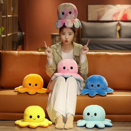 18/28/48cm Cute Reversible Mood Octopus Plush Toy Double Sided Flip Octopus Pillow Soft Stuffed Animal Doll Home Room Decor Gift