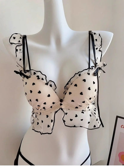BANERDANNI Simple Light Luxury Love Printed Lace Underwear Set Women's Small Breasts Gather Sexy Pure Desire Sweet Bra Cute Bra