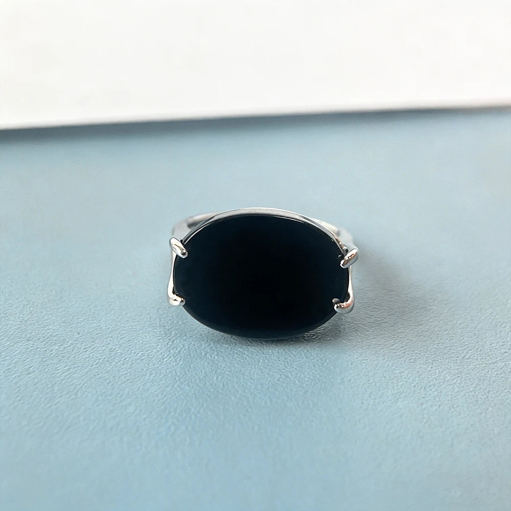 S925 Sterling Silver Natural Large Black Agate Stone Ring 13*18mm Oval Shape Vintage Black Rings Fine Jewelry For Men