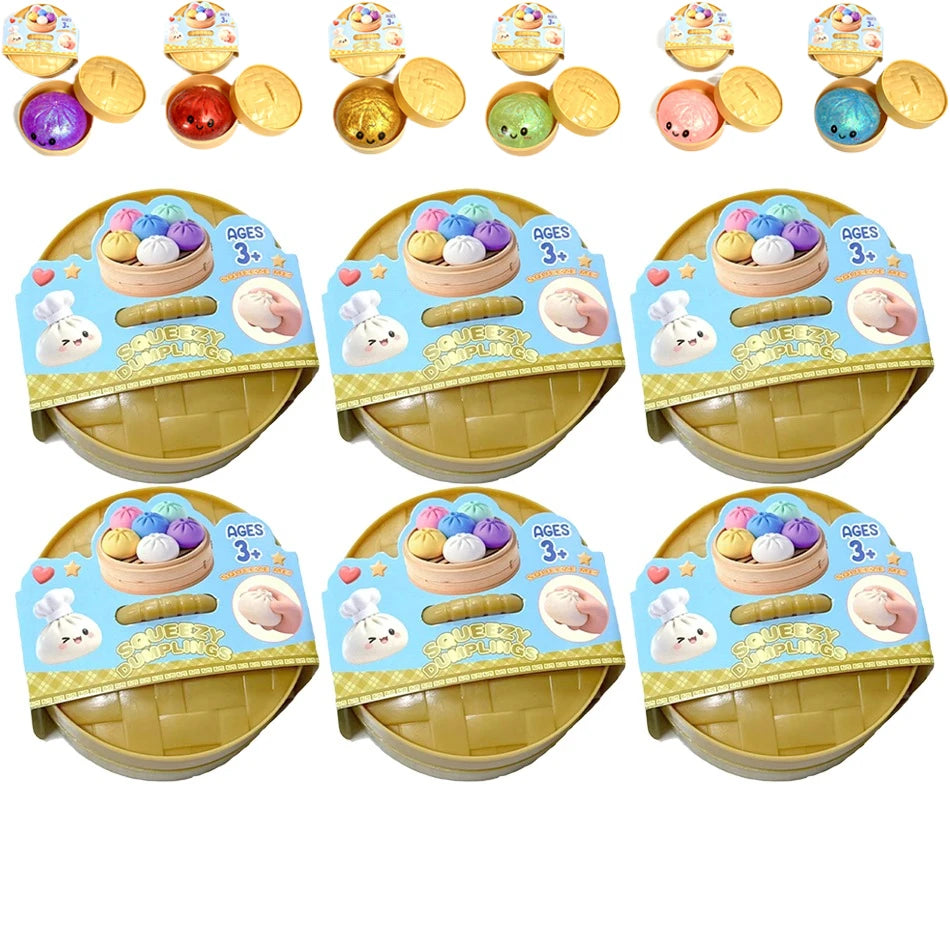 Colorful Dumpling Squishes Stress Balls Fidget Sensory Toys Simulation Food Squishies Bun with Steamer Squeeze Dough Ball Gifts