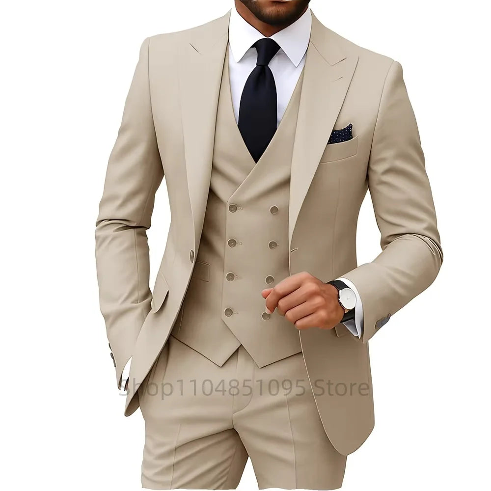 Slim Fit 3-Piece Men's Suit Set for Office Formal Business Wedding Groom Tuxedos Jacket Vest Pants Casual Male Men Clothing