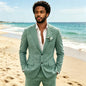 Sky Blue Linen Causal Men Suits for Beach Party Business Two Pieces Wedding Tuxedos Set Notched Lapel Suit Jacket Pants