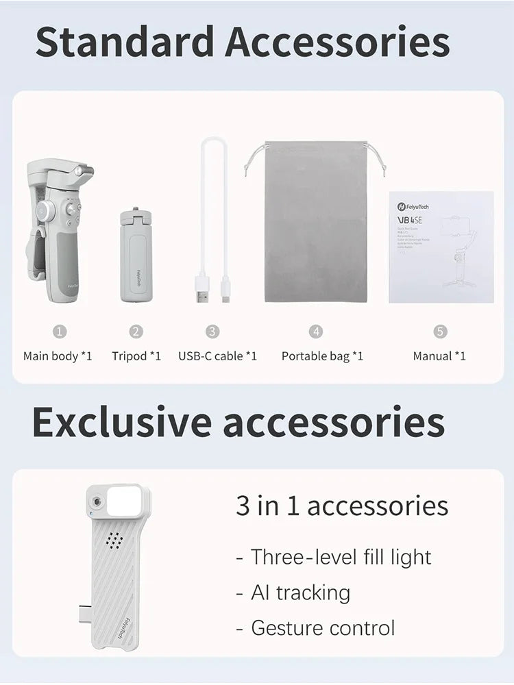 FeiyuTech VB4 Face Tracking Cell Phone Gimbal Stabilizer for Vlogging iPhone 17 Pro Max Samsung Galaxy, Built-in Selfie Stick