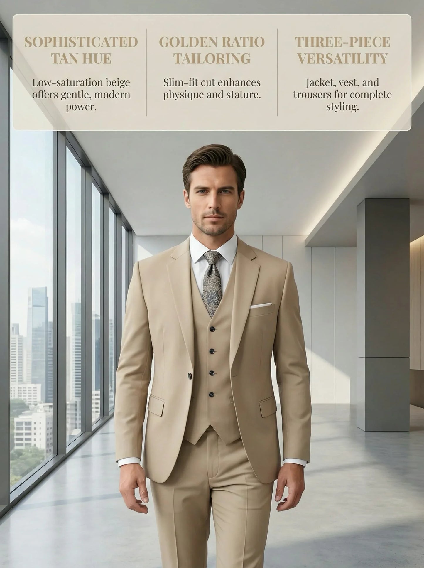 Men's Smart Casual 3-Piece Suit Single Breasted Solid Slim Fit Elegant Office Party Wedding Set