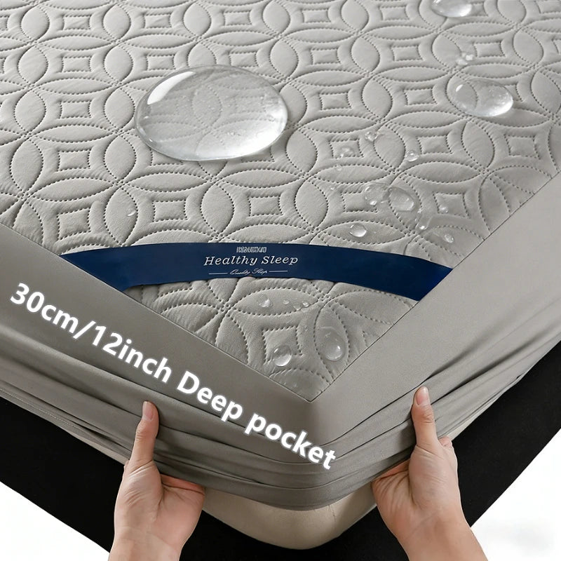 Ultrasonic Quilted Waterproof Antibacterial Mattress Protector Breathable Ultra Soft Noise Free 30CM Deep Pocket Fitted Sheet