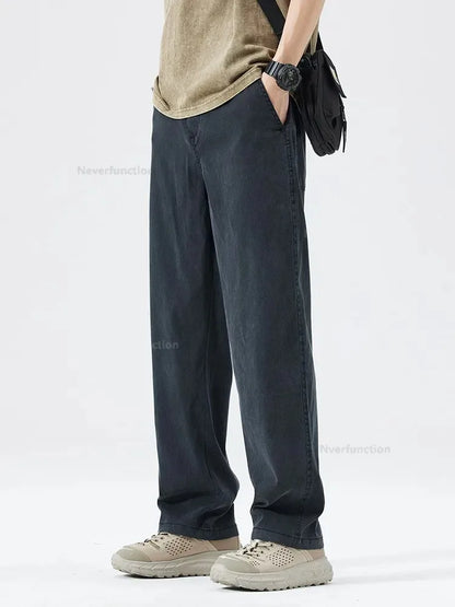 Ultra Thin Baggy Jeans Men's Summer New in Lyocell Soft Breathable Straight Trousers Elastic Waist Casual Blue Gray Wide Pants
