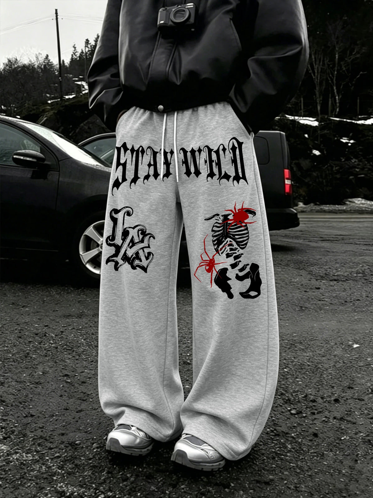 Men Wide Leg LA Skeleton Spider Sweatpants 100% Polyester Stay Wild Gothic Print Baggy Y2K Drawstring Casual Jogger Pants