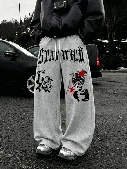 Men Wide Leg LA Skeleton Spider Sweatpants 100% Polyester Stay Wild Gothic Print Baggy Y2K Drawstring Casual Jogger Pants