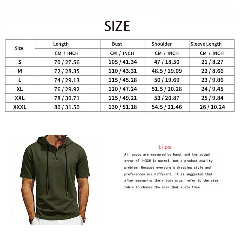 Summer Men's Short Sleeve Hooded T-Shirt Henry Neckline Drawstring Design Casual Loose Breathable Sporty Vest