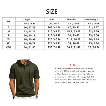 Summer Men's Short Sleeve Hooded T-Shirt Henry Neckline Drawstring Design Casual Loose Breathable Sporty Vest