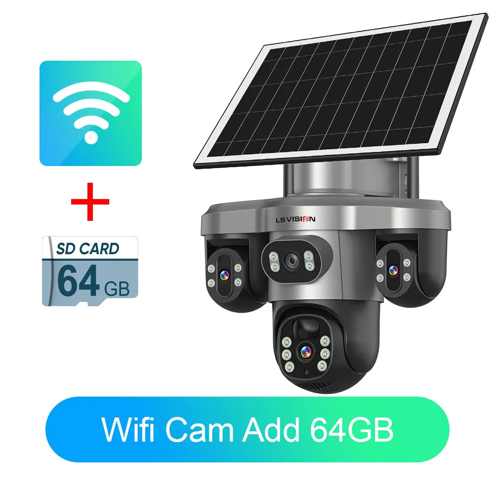 LS VISION 4G / WiFi Solar Camera 3Lenses Outdoor 15MP 4K Low Power Battery IP Camera PIR Night Vision V380 Pro CCTV Security