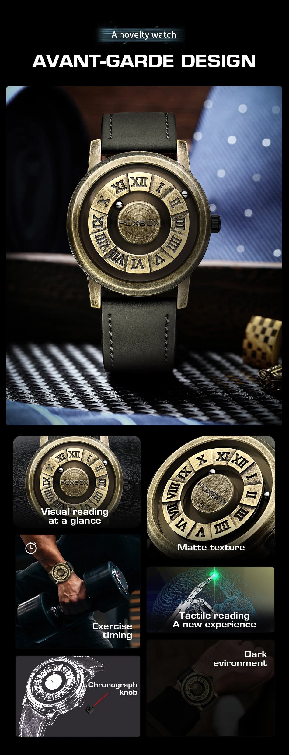 FOXBOX Fashion Leather Watch Men Creative Rolling Pointer Design Watch Men Casual Business Military Men's Quartz WristWatches