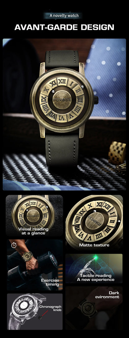 FOXBOX Fashion Leather Watch Men Creative Rolling Pointer Design Watch Men Casual Business Military Men's Quartz WristWatches
