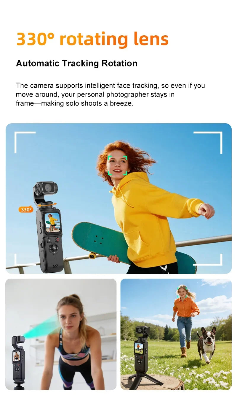4K Vlog Action Camera 330° Face Tracking 18x Zoom 2400mAh Battery Gimbal Stabilizer 1.72 Inch Touch Screen WiFi Sports Cam