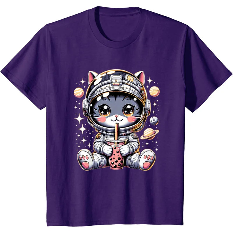 Astronaut Cat Pattern T Shirt For Women Cute Animal 3D Printed Short Sleeves Summer Leisure Tees Round Neck Loose Tops T-Shirts