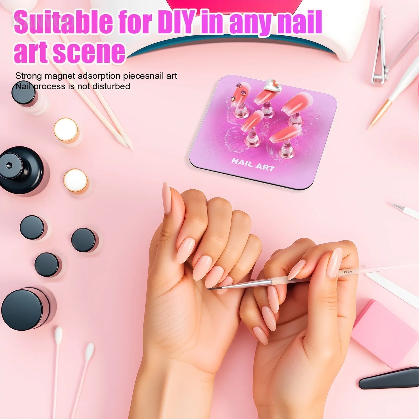 Pink Butterfly Nail Holder 6Pcs/Set False Nail Tip Practice Stand Aurora Base Full Magnetic Holder Tray Nail Art Salon Practice