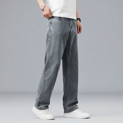 Lyocell Ultra-thin Summer Men's Jeans Elastic Ice Silk Drape Soft Loose Pants Straight Casual Denim Male Clothing Trousers