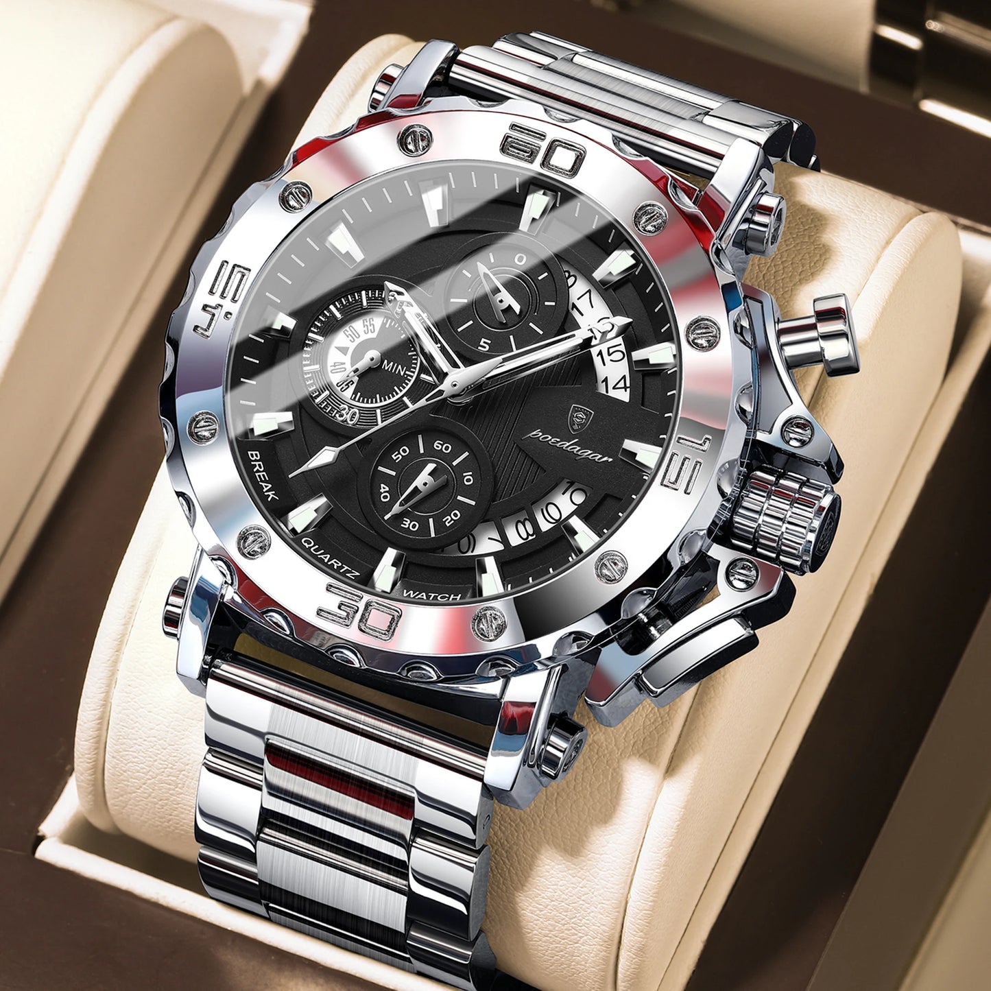 POEDAGAR Top Business Men's Wristwatch Luminous Waterproof Man Clock Chronograph Calendar Stainless Steel Quartz Watches For Men