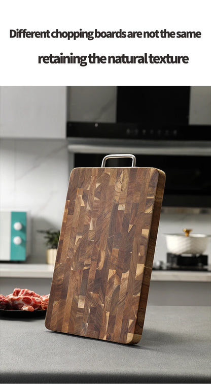 Large Acacia Wood Cutting Board, Checkerboard End Grain Butcher Block, Thick Reversible Wooden Chopping Board with Metal Handle