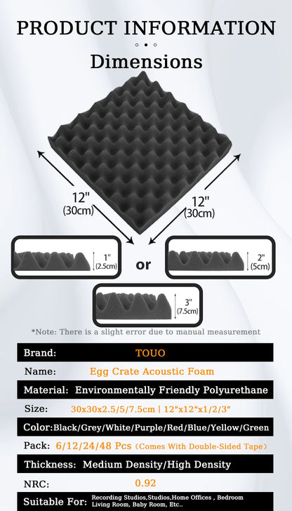 TOUO Acoustic Foam Fireproof Soundproofing Sponge 6/12/24/48 Pcs Egg Crate Soundproof Foam Studio Home Sound-absorbing
