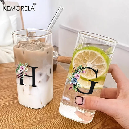 1PCS 24 Letter-Shaped Glass Tumblers with Lid And Straw Coffee Tumbler 300ML Clear Square Drinking Tumbler For Coffee Beer Milk