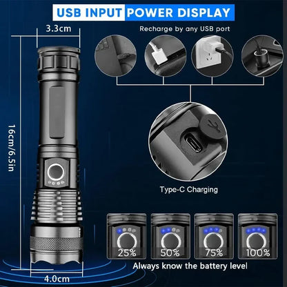 90000LM High Power XHP50 Led Flashlight Rechargeable Torch Zoom Usb Hand Lantern Camping Outdoor Waterproof Emergency