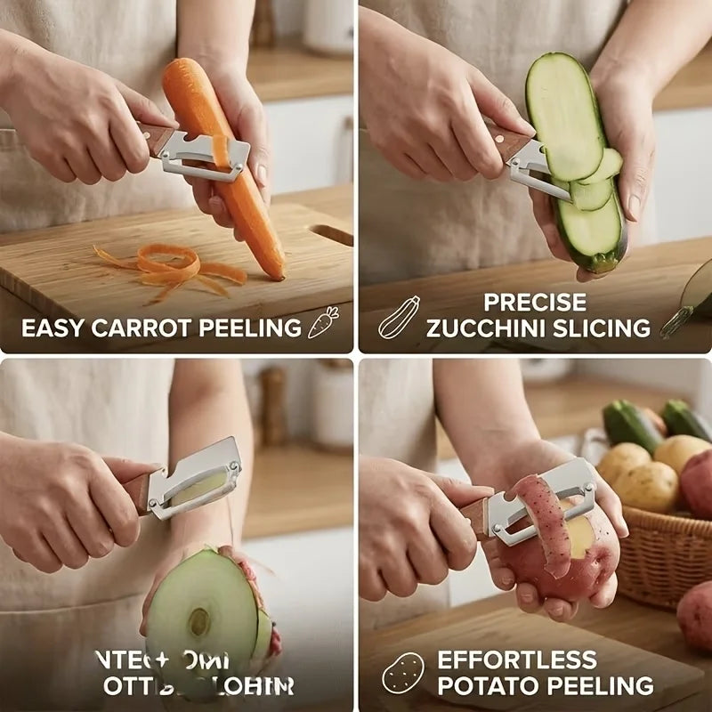 Multifunctional Vegetable Peeler with Sharp Stainless Steel Swivel Blade Wooden Handle and Bottle Opener for Kitchen Fruits