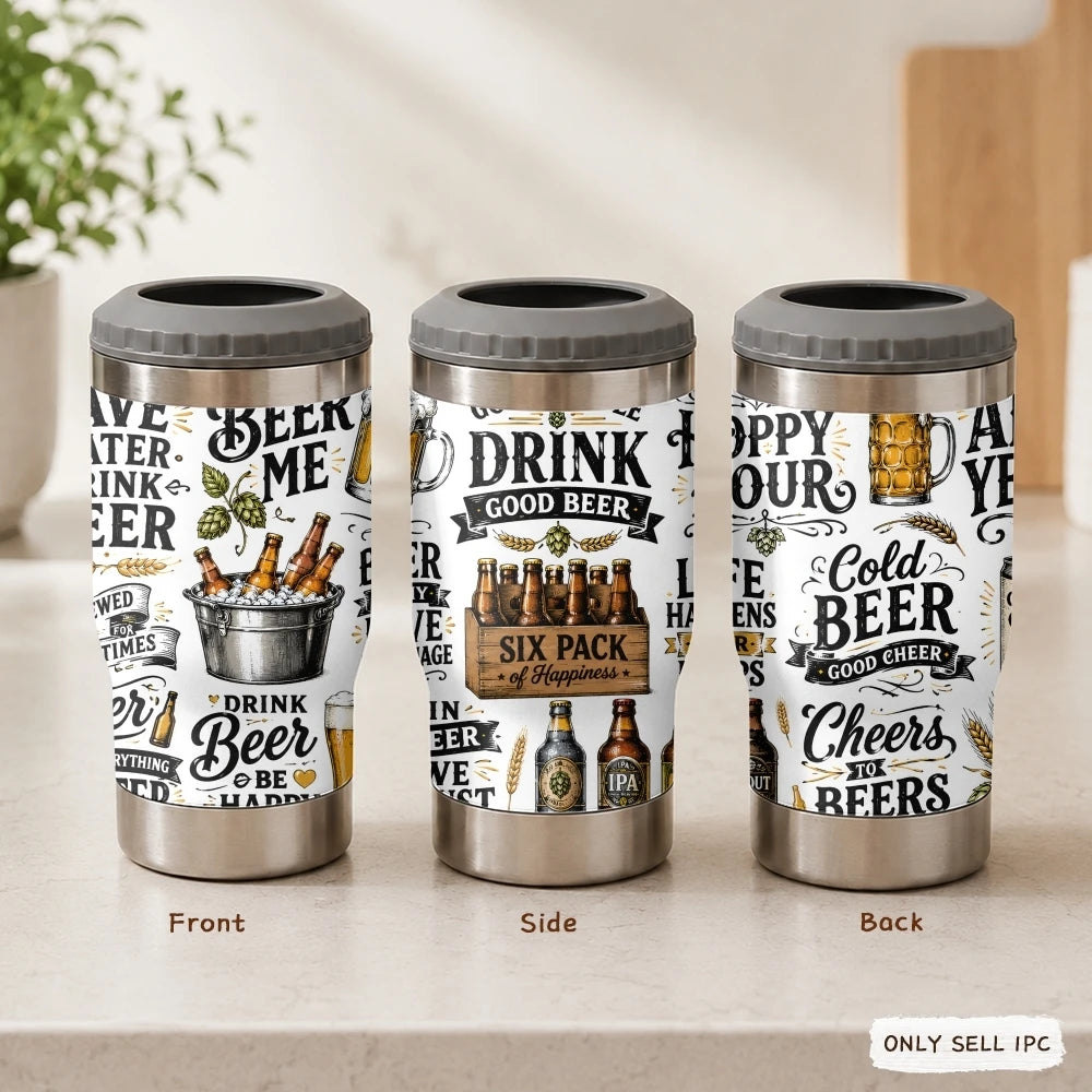 Funny Beer Quotes Vacuum Flasks 4-in-1 Stainless Steel Can Cooler Insulated Beer Soda Coffee Holder Dual Lids Fits 12oz