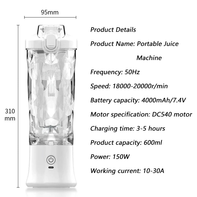 Household Fruit Electric Juicer Portable Juicer Blender USB Rechargeable Fruit Mixer 600ML Fruit Juicer Multi-functional Blender