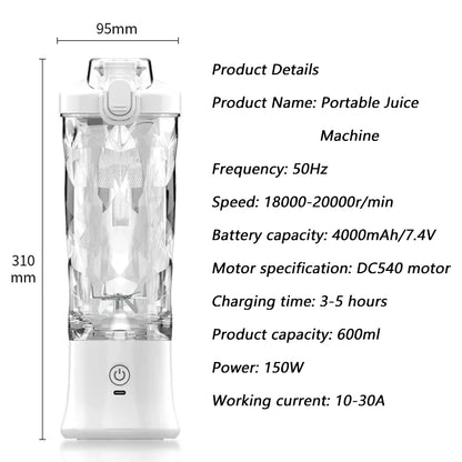 Household Fruit Electric Juicer Portable Juicer Blender USB Rechargeable Fruit Mixer 600ML Fruit Juicer Multi-functional Blender