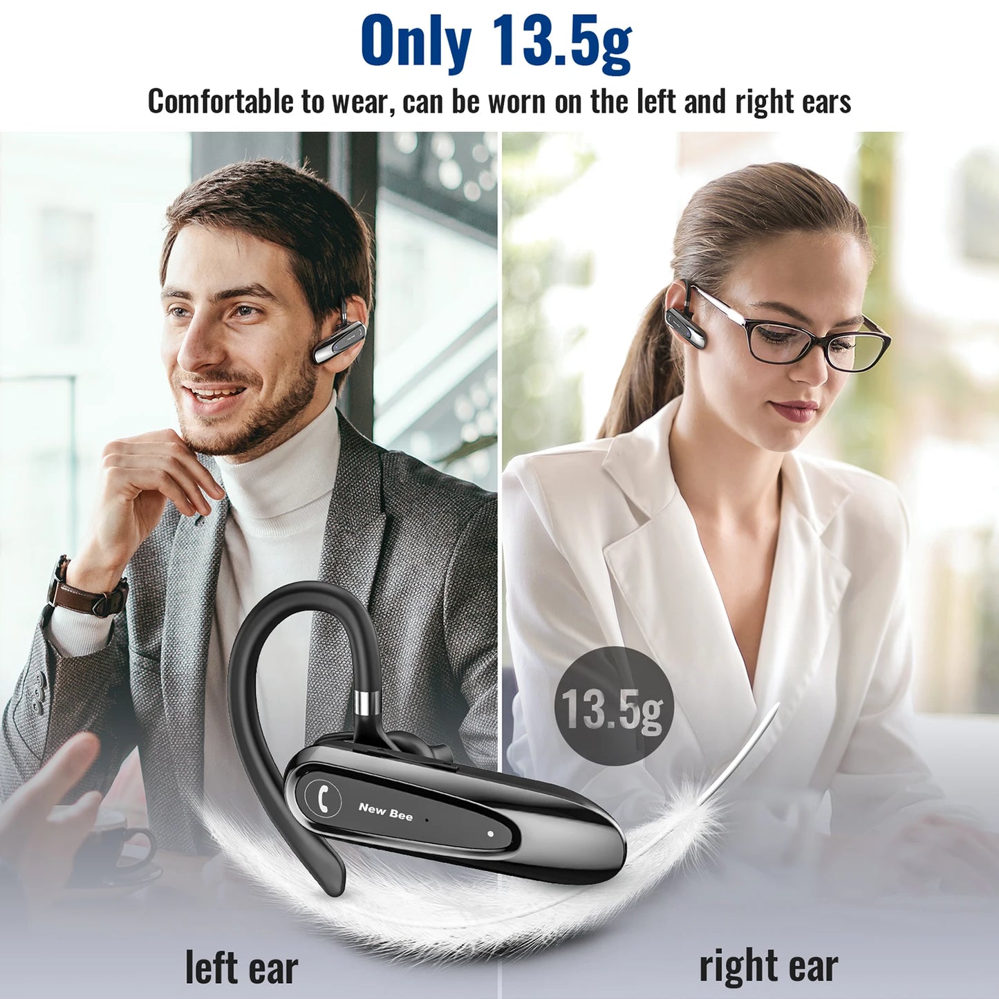 New Bee B45 Bluetooth 5.0 Headset Wireless Earphone Headphones with Dual Mic Earbuds Earpiece CVC8.0 Noise Reduction for Driving