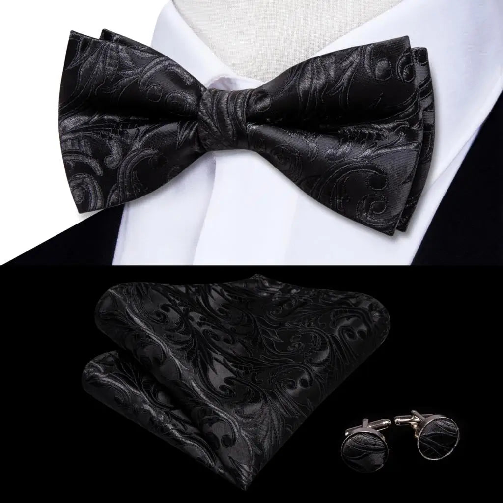 Hi-Tie Mens Bow Tie Hanky Cufflinks Set White Black Gray Silver Pre-tied Butterfly Knot Bowtie for Male Wedding silk Business